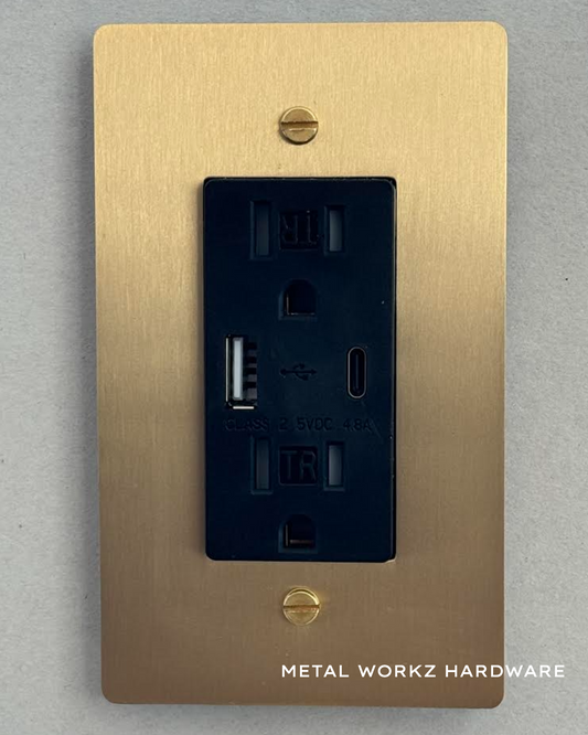 Brass USB/ Type C Duplex Electrical Power Outlet (1-Gang) Brass With Black Module