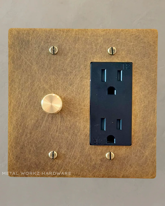 Brass Rotary Dimmer Switch + Outlet (2-Gang) Aged Patina Brass With Black Module