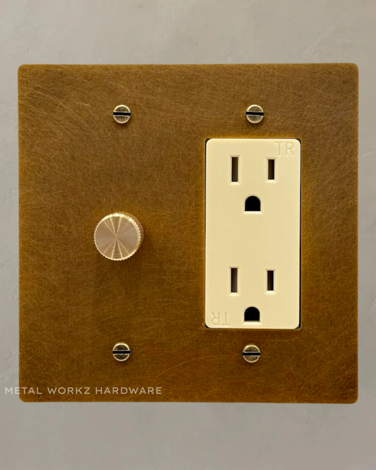 Brass Rotary Dimmer Switch + Outlet (2-Gang) Aged Patina Brass With Ivory Module