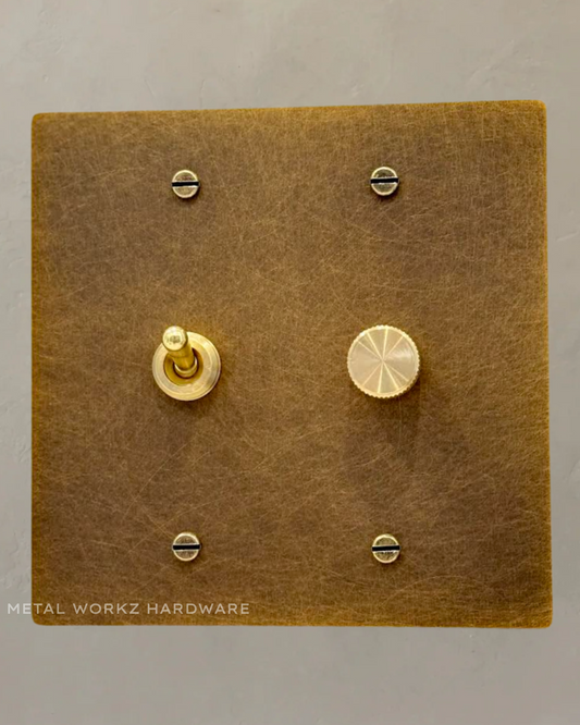 Brass Vintage Toggle Light Switch + Rotary Dimmer Switch (2-Gang) Aged Patina Brass
