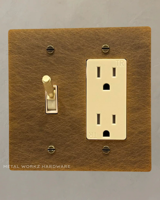 Brass Modern Toggle Light Switch + Duplex Outlet (2-Gang) Aged Patina Brass With Ivory Module