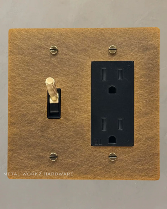 Brass Modern Toggle Light Switch + Duplex Outlet (2-Gang) Aged Patina Brass With Blkack Module