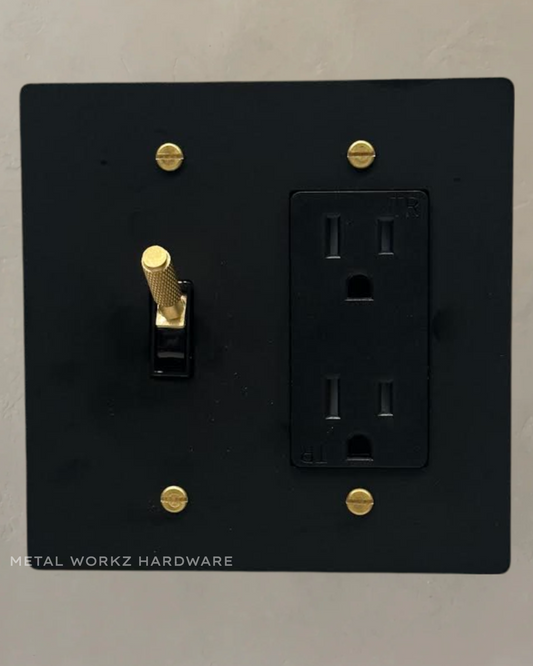 Brass Modern Toggle Light Switch + Duplex Outlet (2-Gang) Black + Brass With Black Module