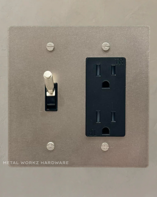 Brass Modern Toggle Light Switch + Duplex Outlet (2-Gang) Satin Nickel With Black Module