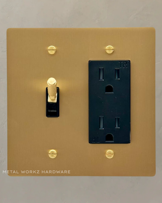 Brass Modern Toggle Light Switch + Duplex Outlet (2-Gang) Brass With Black Module