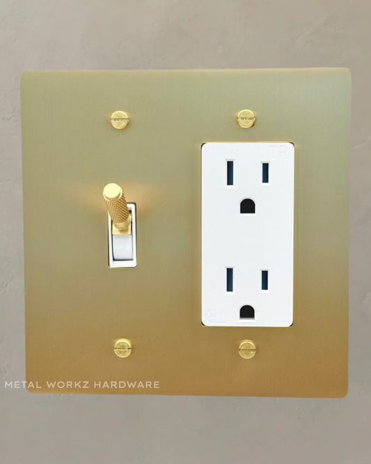 Brass Modern Toggle Light Switch + Duplex Outlet (2-Gang) Brass With White Module