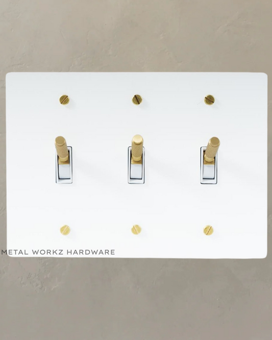 Brass Modern Toggle Light Switch (3-Gang) White + Brass With White Module