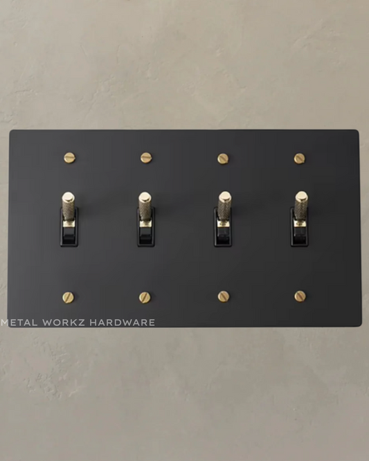 Brass Modern Toggle Light Switch (4-Gang) Black + Brass With Black Module