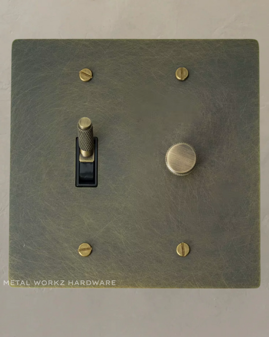 Brass Modern Toggle Light Switch + Rotary Dimmer Switch (2-Gang) Antique Bronze With Black Module