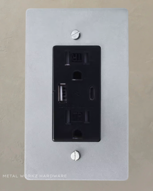 Brass USB/ Type C Duplex Electrical Power Outlet (1-Gang) Satin Nickel With Black Module