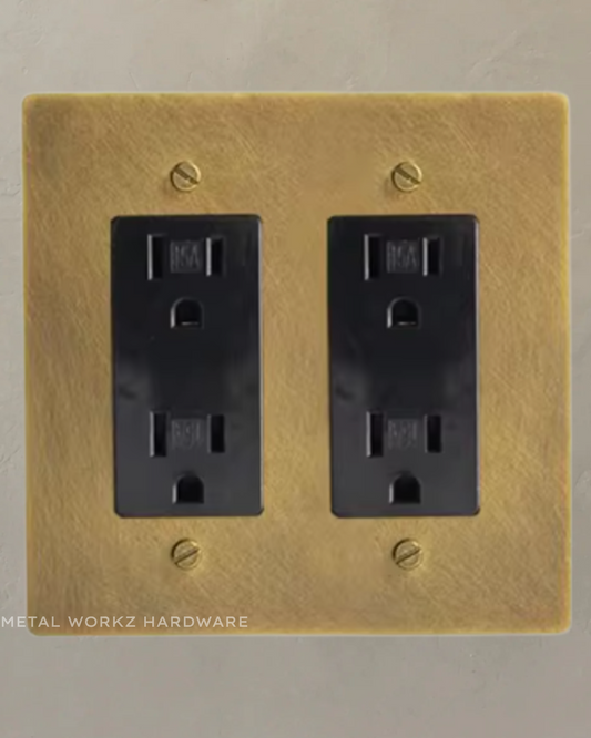 Brass Standard 15A Duplex Electrical Power Outlet (2-Gang) Aged Patina Brass With Black Module