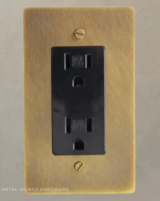 Brass Standard 15A Duplex Electrical Power Outlet (1-Gang) Aged Patina Brass With Black Module