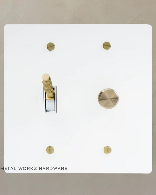 Brass Modern Toggle Light Switch + Rotary Dimmer Switch (2-Gang) White + Brass With White Module