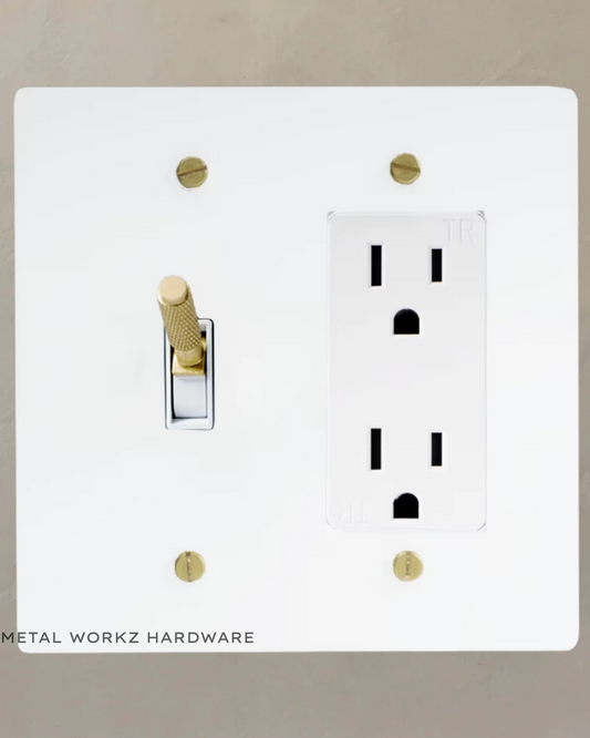 Brass Modern Toggle Light Switch + Duplex Outlet (2-Gang) White + Brass With White Module