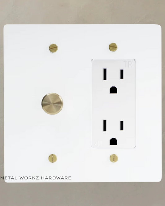 Brass Rotary Dimmer Switch + Outlet (2-Gang) White + Brass With White Module