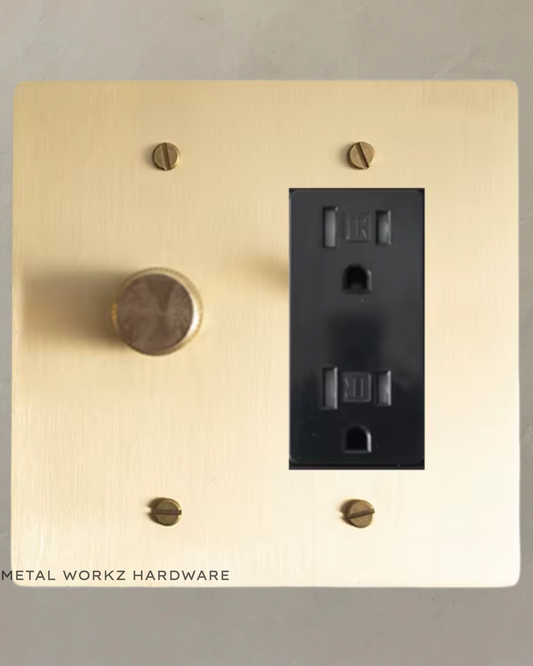 Brass Rotary Dimmer Switch + Outlet (2-Gang) Brass With Black Module