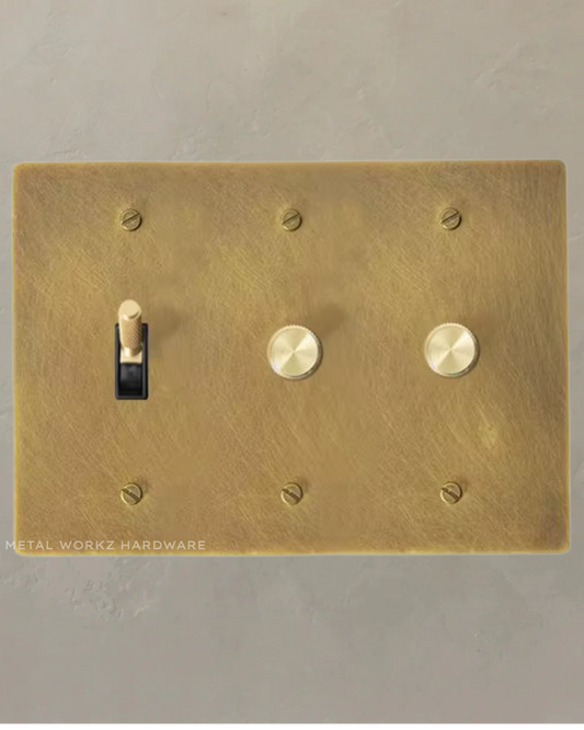 Brass Modern Toggle Light Switch + Rotary Dimmer Switches (3-Gang) Aged Patina Brass With Black Module