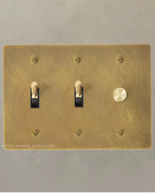 Brass Modern Toggle Light Switches + Rotary Dimmer Switch (3-Gang) Aged Patina Brass With Black Module