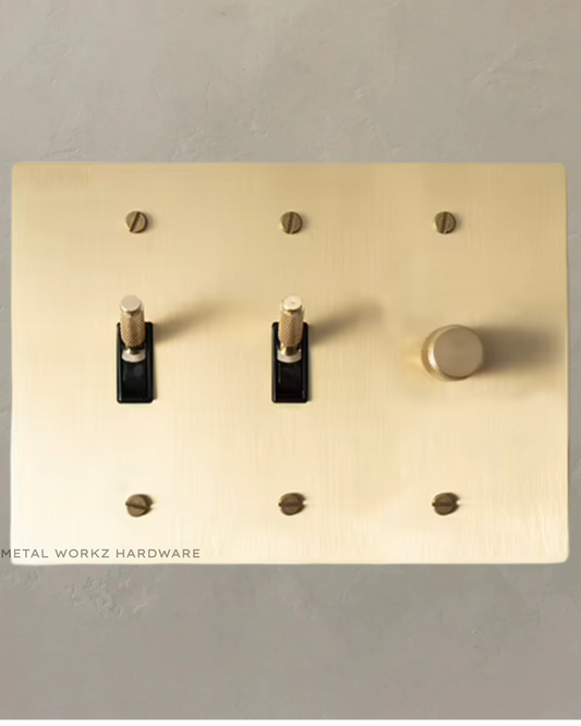 Brass Modern Toggle Light Switches + Rotary Dimmer Switch (3-Gang) Brass With Black Module