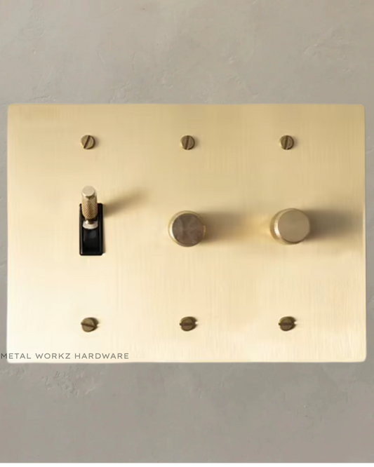 Brass Modern Toggle Light Switch + Rotary Dimmer Switches (3-Gang) Brass With Black Module