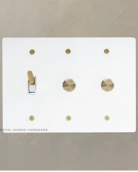 Brass Modern Toggle Light Switch + Rotary Dimmer Switches (3-Gang) White + Brass With White Module