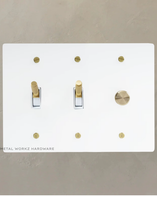 Brass Modern Toggle Light Switches + Rotary Dimmer Switch (3-Gang) White + Brass With White Module