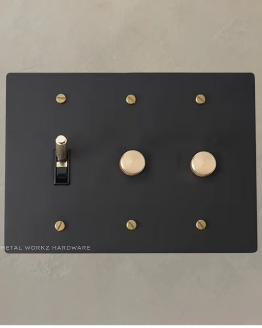 Brass Modern Toggle Light Switch + Rotary Dimmer Switches (3-Gang) Black + Brass With Black Module