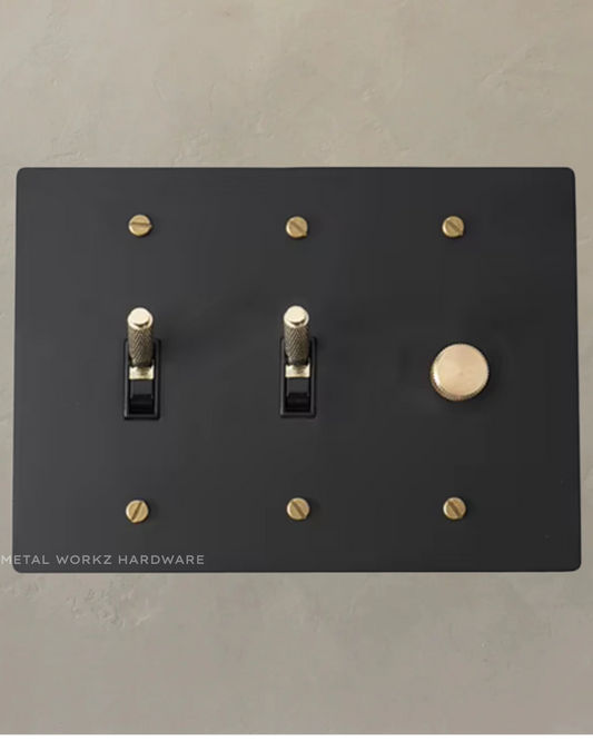 Brass Modern Toggle Light Switches + Rotary Dimmer Switch (3-Gang) Black + Brass With Black Module