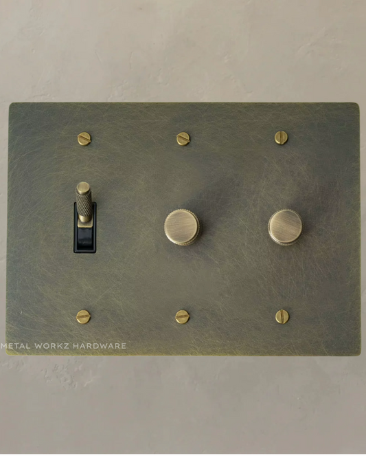 Brass Modern Toggle Light Switch + Rotary Dimmer Switches (3-Gang) Antique Bronze With Black Module