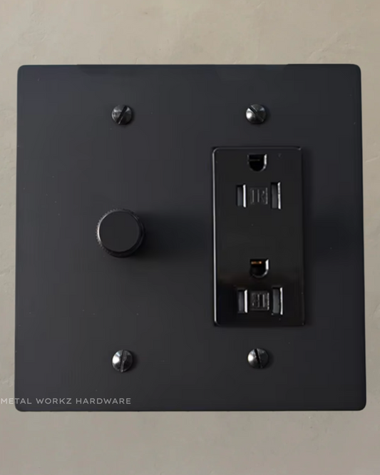 Brass Rotary Dimmer Switch + Outlet (2-Gang) Black With Black Module