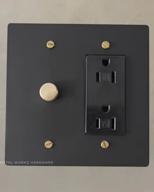 Brass Rotary Dimmer Switch + Outlet (2-Gang) Black + Brass With Black Module
