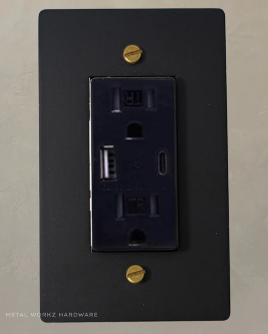 Brass USB/ Type C Duplex Electrical Power Outlet (1-Gang) Black + Antique Bronze With Black Module