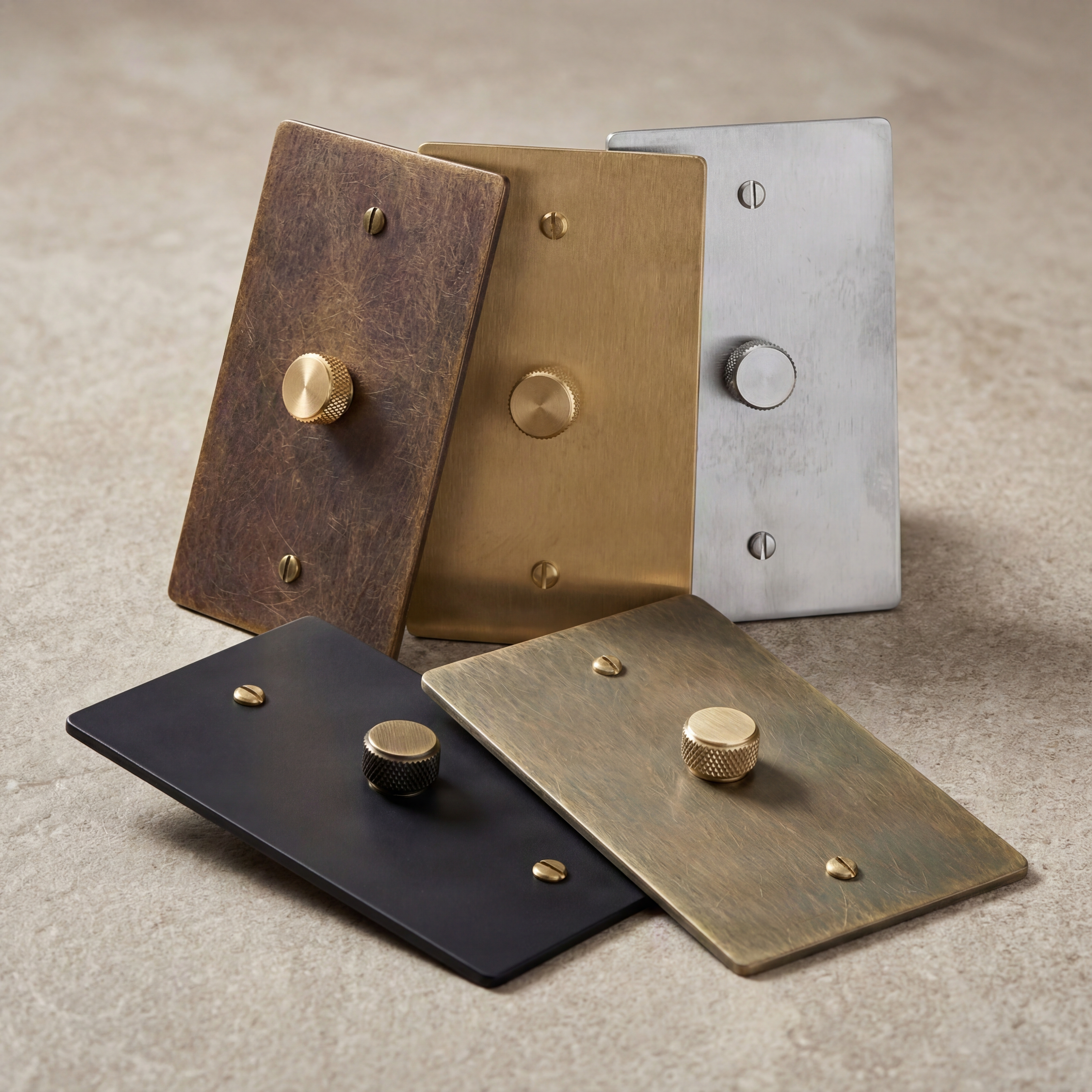 Luxury dimmer switches with knurled brass, bronze, black, nickel.