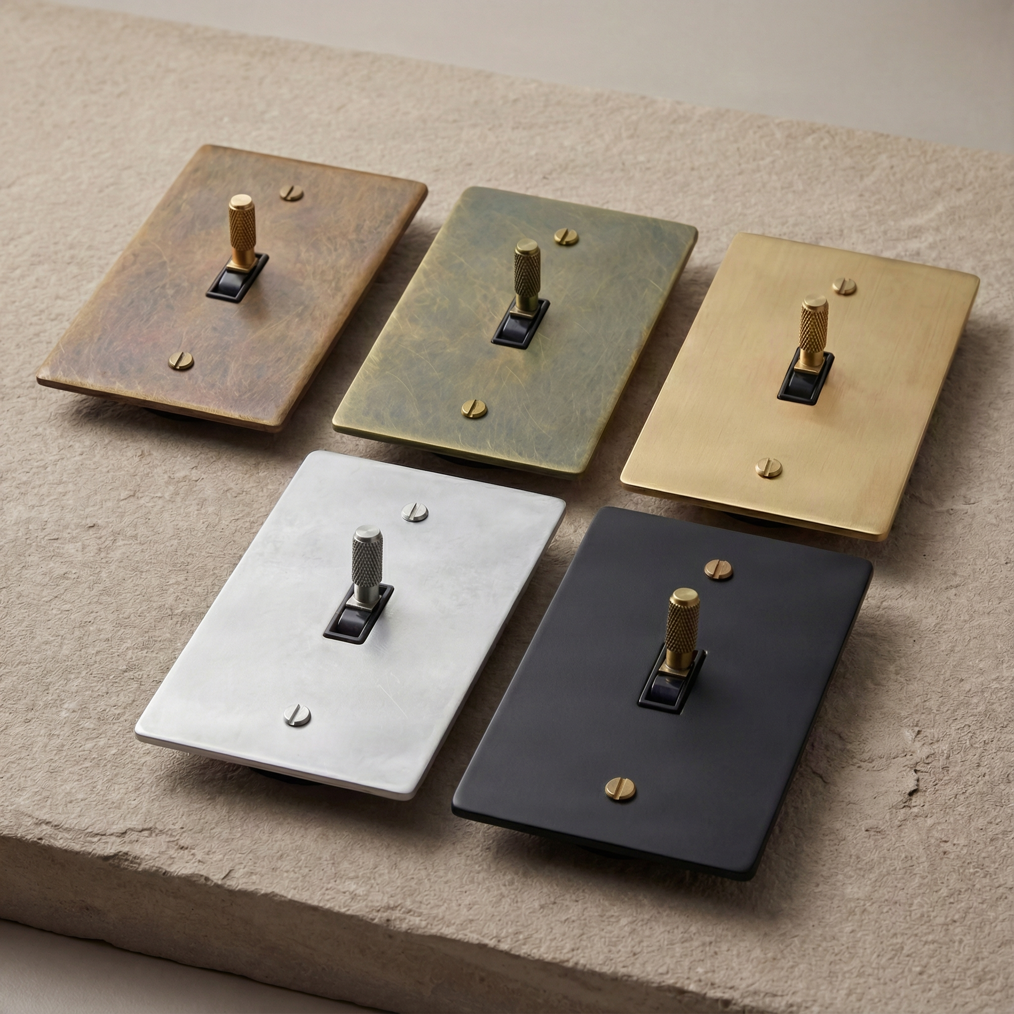 Luxury knurled brass, nickel, and black toggle switches.