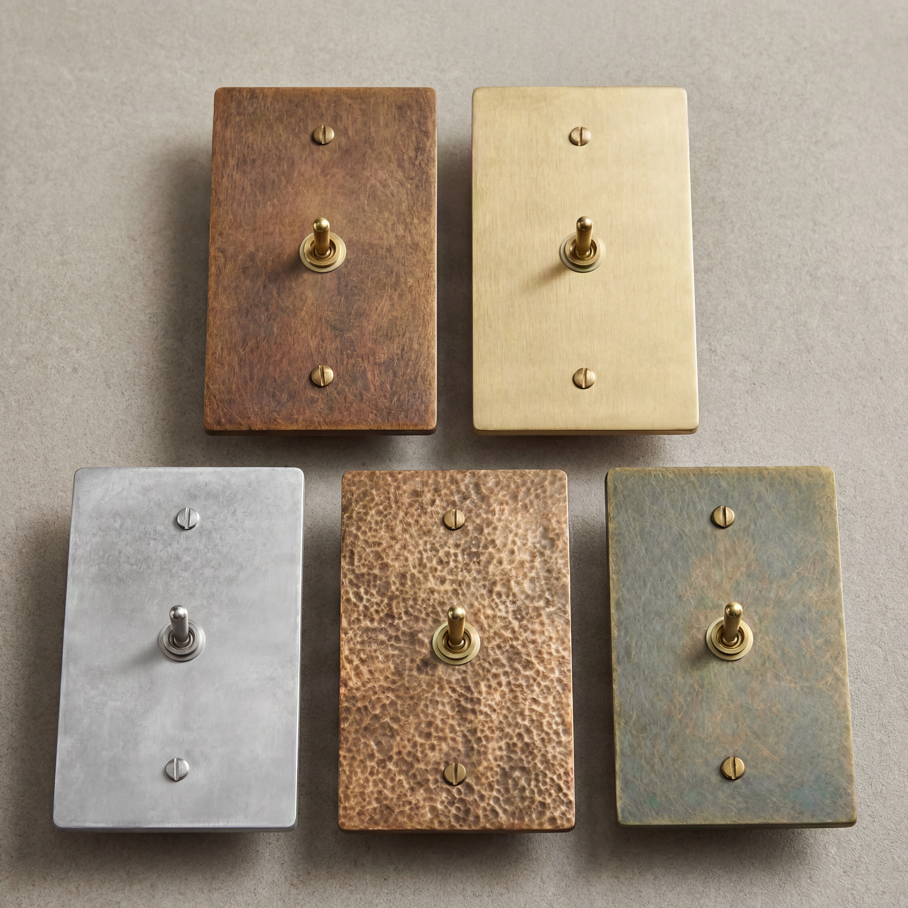 Timeless brass toggle switches with authentic living finishes.