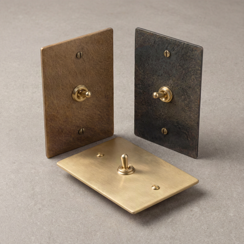 Timeless brass toggle switches with authentic living finishes.