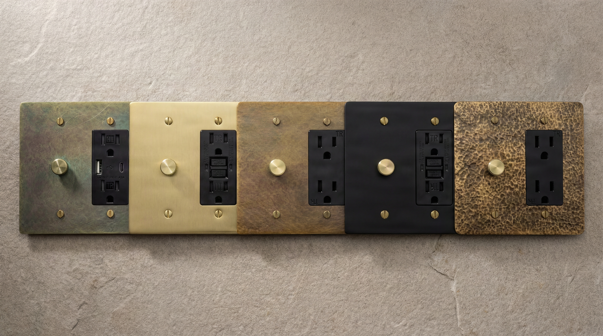 Crafted 2 Gang Outlets: aged, satin, antique brass, satin nickel, matte black. Some feature dimmers, all have receptacles.