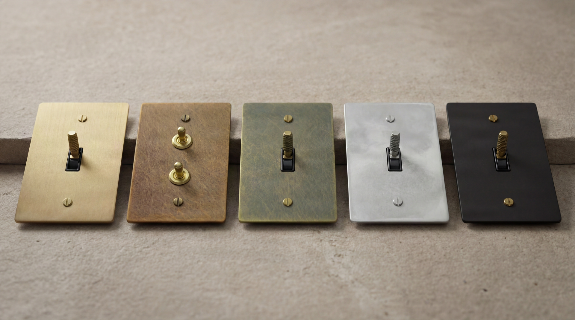 Crafted 3 Way Toggle Switches: satin, antique (double), aged brass, satin nickel, matte black with knurled toggles.