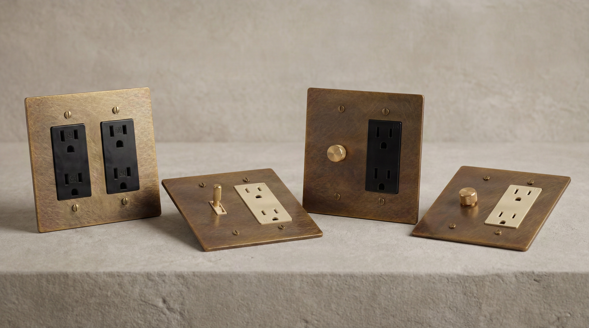 Aged Brass 2 Gang Outlets with knurled details, toggle switches, and deep patina for quiet luxury.