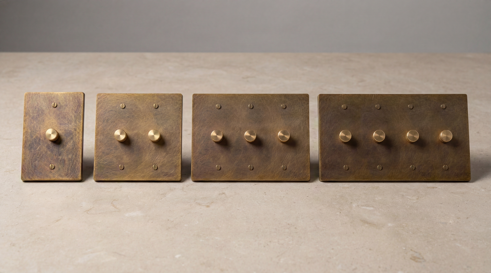 Aged Brass Dimmer Switches, with 1 to 4 knurled knobs, display rich patina and lasting craftsmanship.