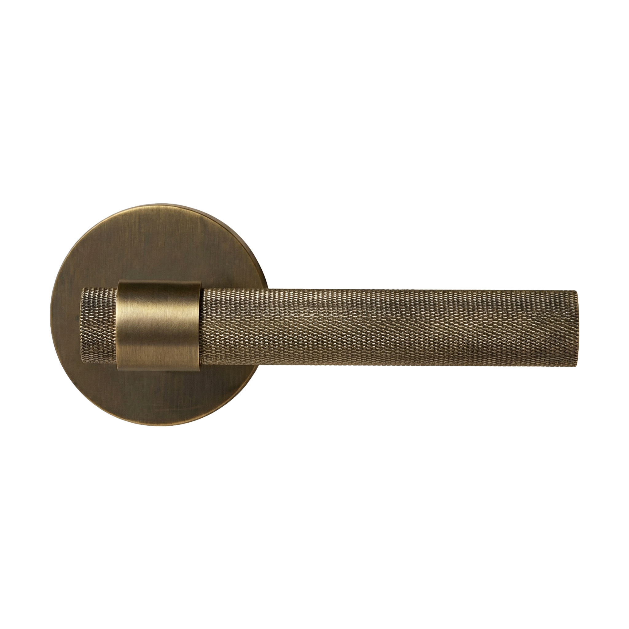 A sophisticated aged brass lever handle with a knurled texture and timeless design.
