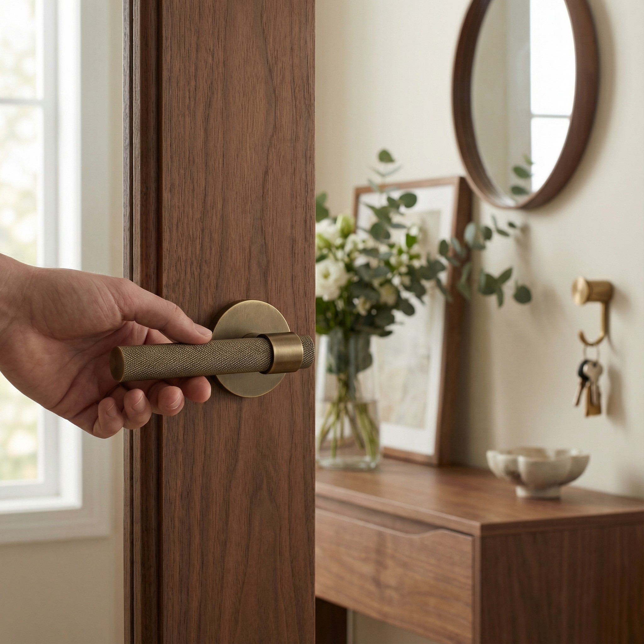Hand on a textured brass interior lever handle opening a wooden door, revealing a warm, elegant entryway.