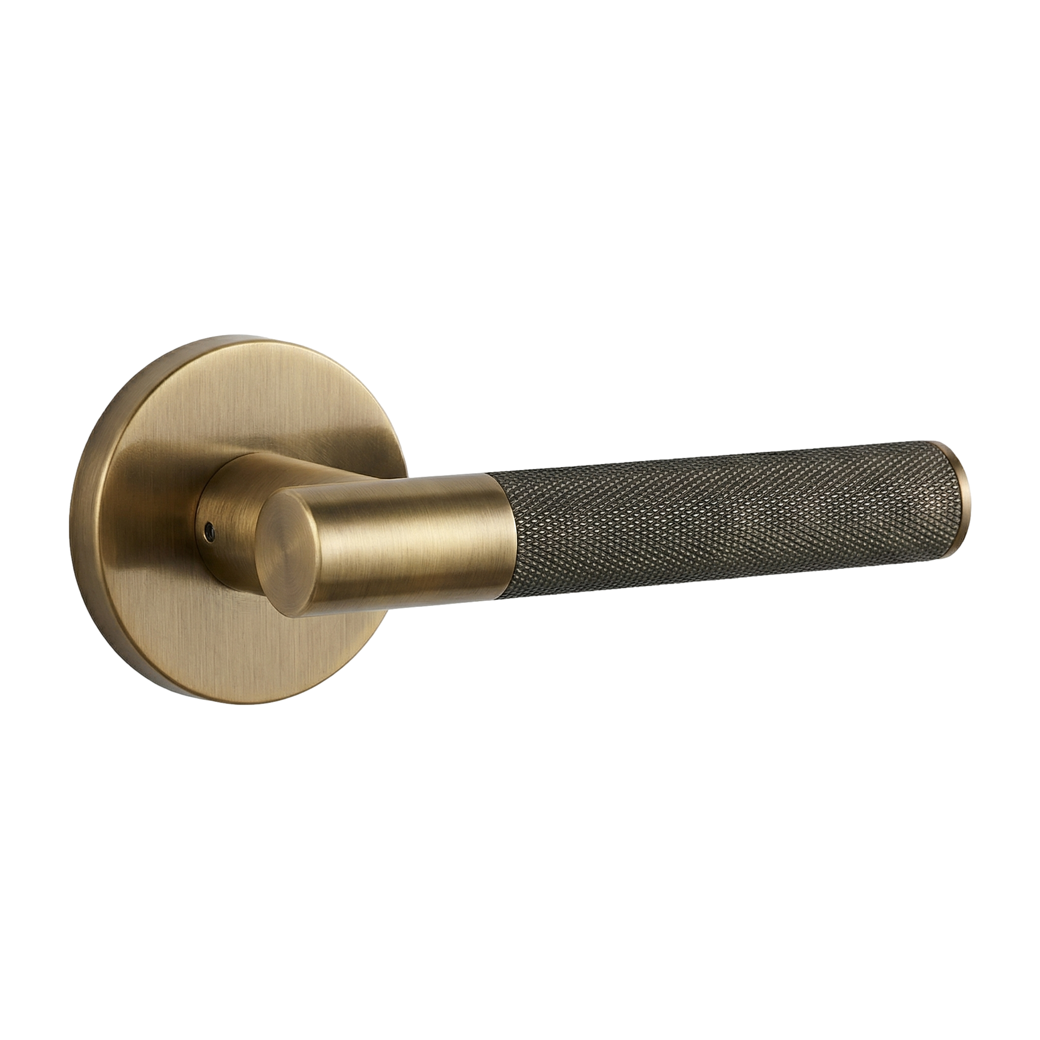 Timeless aged brass lever handle with a knurled grip, embodying quiet luxury.