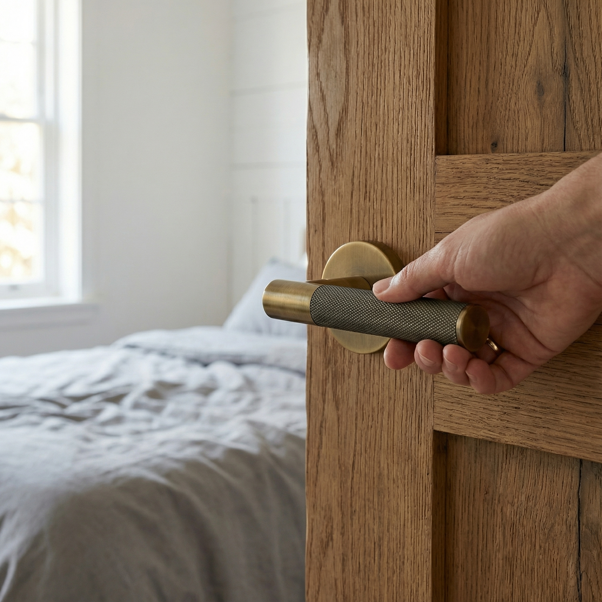 Hand on knurled aged brass lever handle opening a substantial wood door to a serene bedroom.