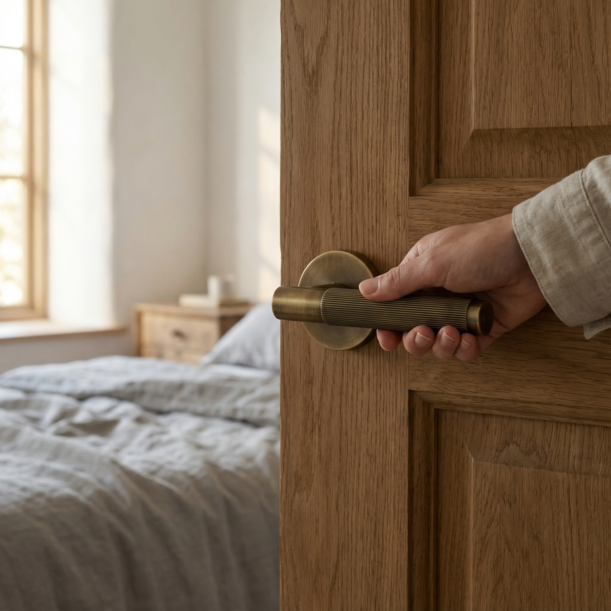 Hand on a knurled aged brass lever handle, opening a solid wood door to a tranquil, sunlit bedroom.