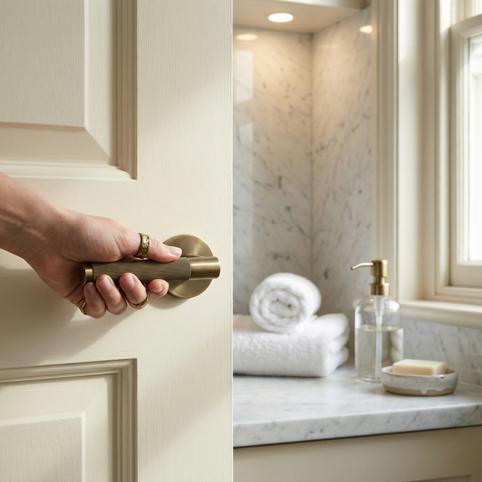 A hand holding a modern aged brass lever handle on a cream door, opening to a luxurious marble bathroom.
