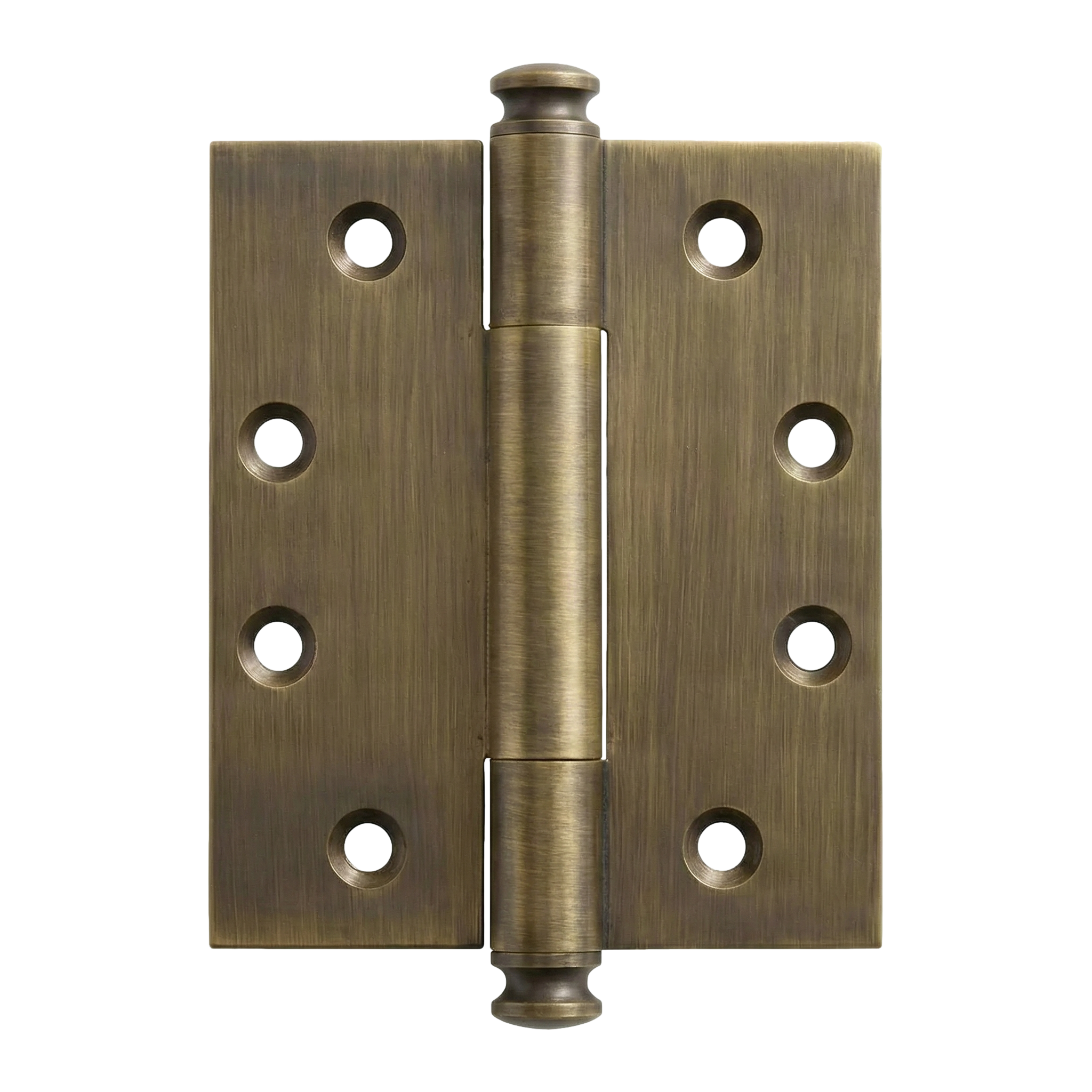 Aged brass hinge, brushed with elegant finials, reflecting enduring craftsmanship.