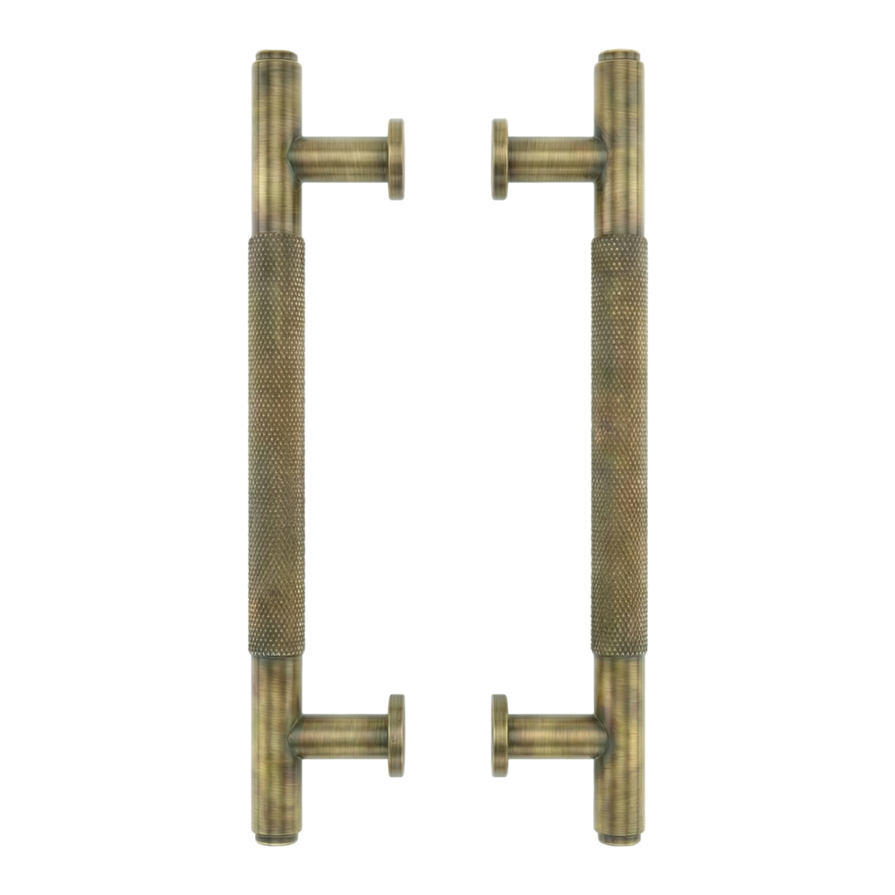aged brass door pull forte 17 inch, with knurled grip. Solid brass for lasting elegance.