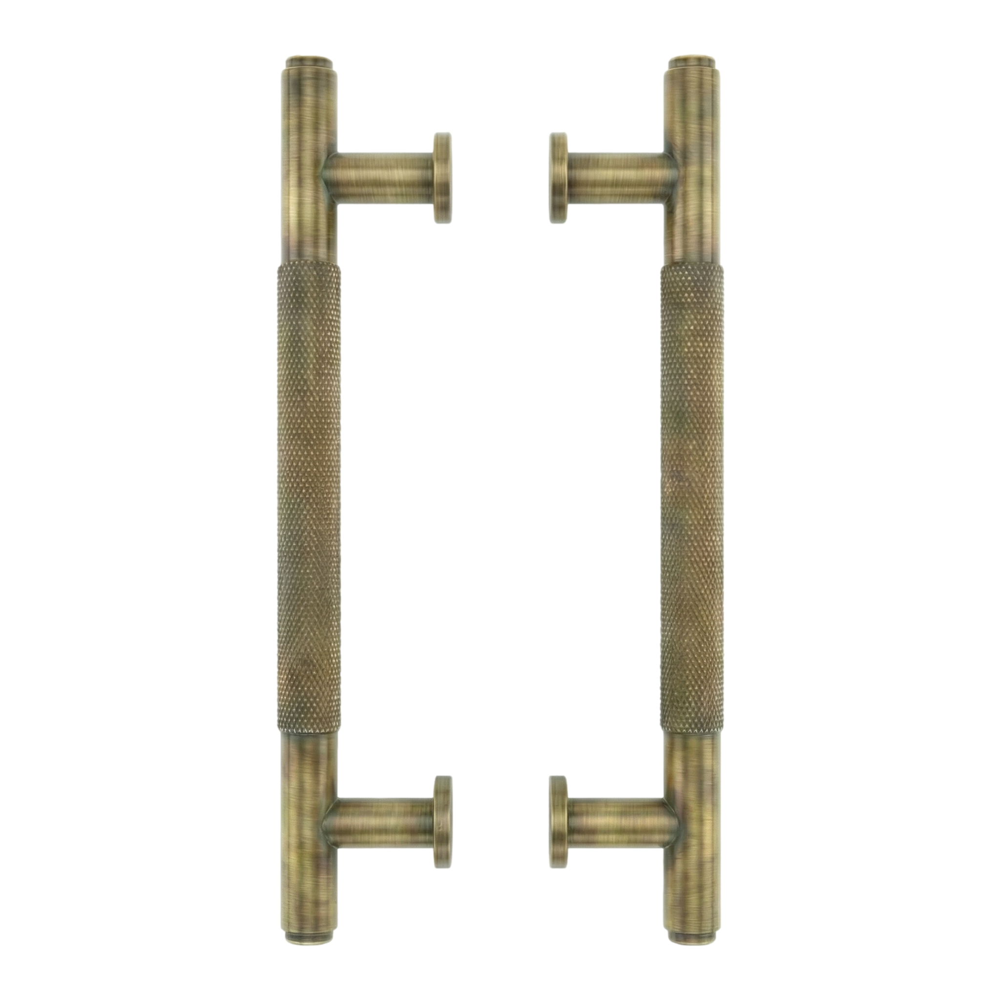 aged brass door pull forte 17 inch, with knurled grip. Solid brass for lasting elegance.