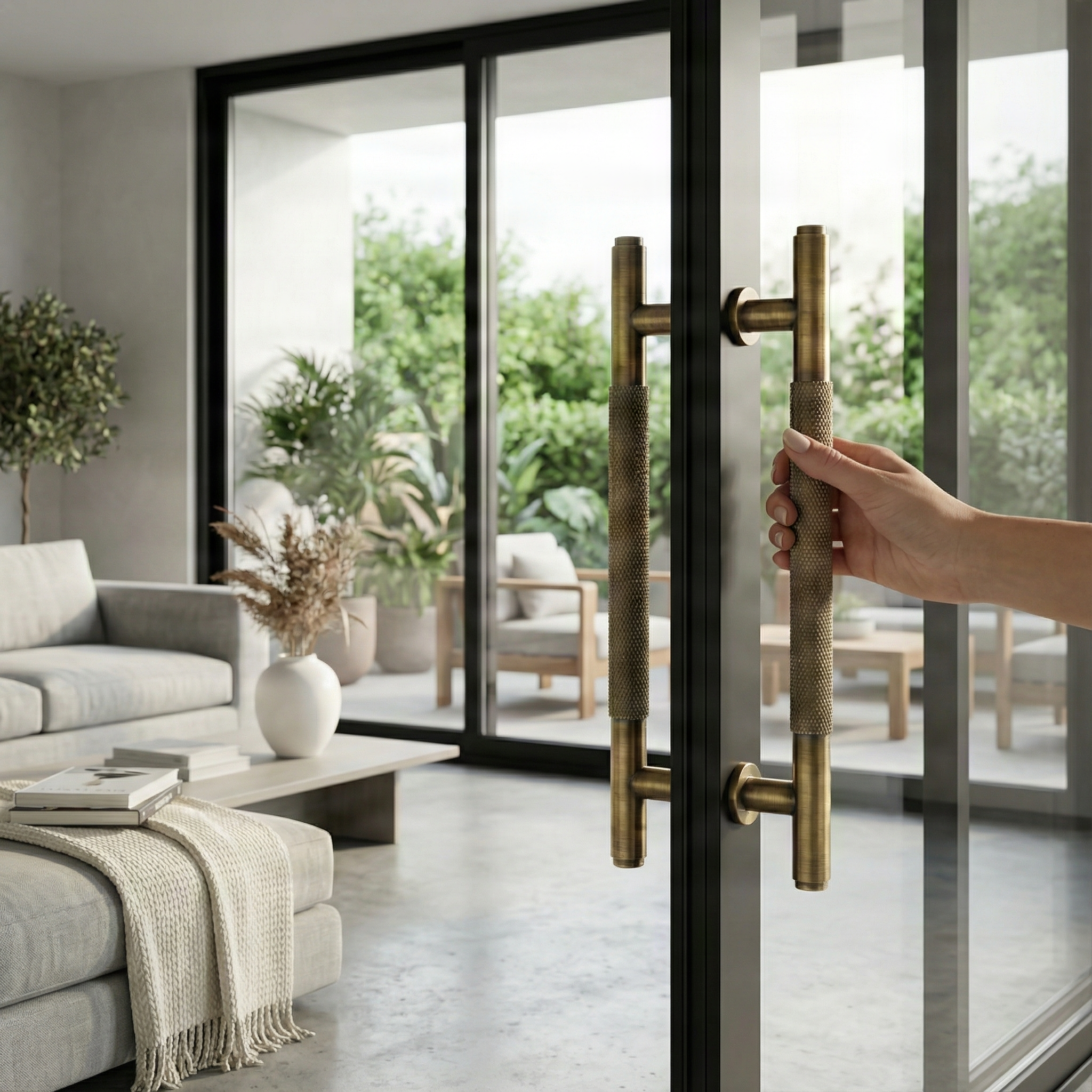 Hand opening a knurled brass double sided door pull handle 17 inch from a minimalist living room to a tranquil patio.
